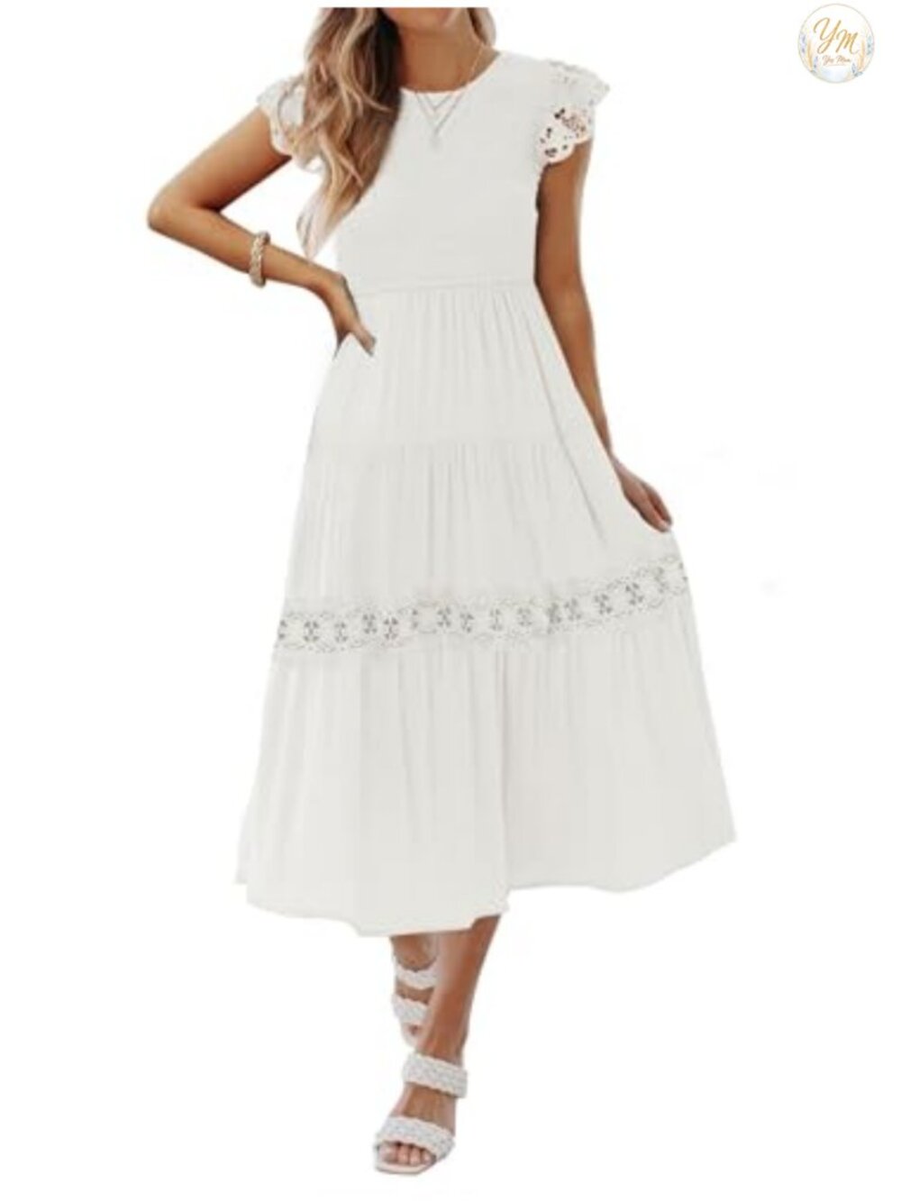 Flutter Sleeve Smocked Lace Midi Dress Rayon